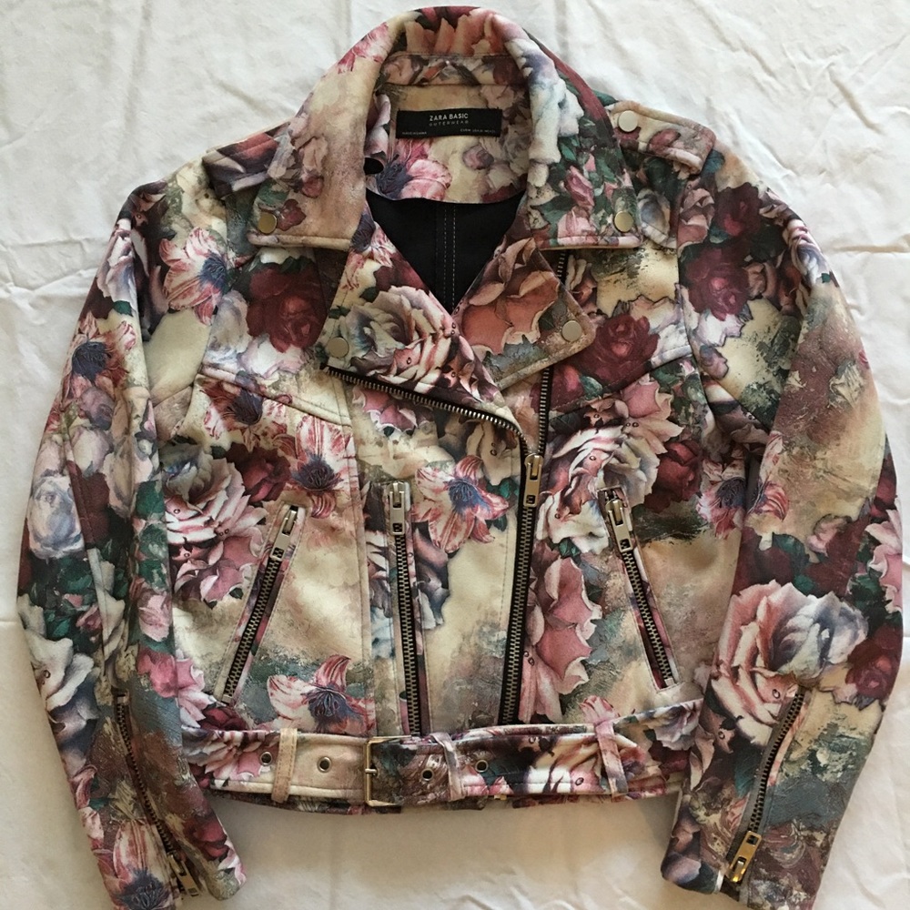 Zara Faux Suede Floral Print Moto Jacket